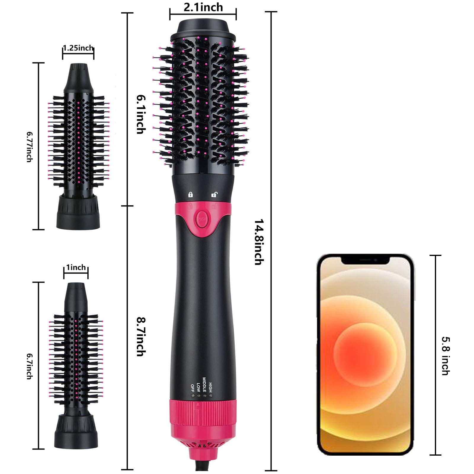 Hot Air Brush, Hair Dryer Brush, 3 in 1 Interchangerable Hair Dryer & Volumizer, Ceramic Negative Ion Curling Dryer Styler Brush with 3 Brush Heads （Gray）