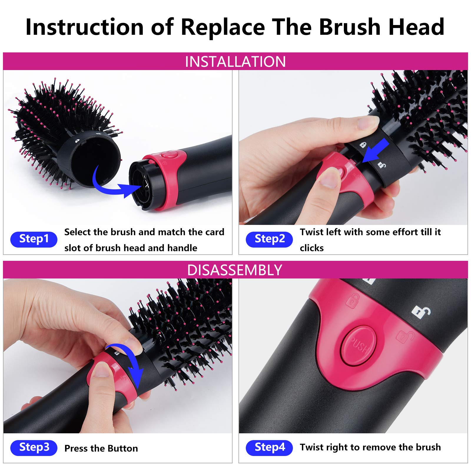 Hot Air Brush, Hair Dryer Brush, 3 in 1 Interchangerable Hair Dryer & Volumizer, Ceramic Negative Ion Curling Dryer Styler Brush with 3 Brush Heads （Gray）