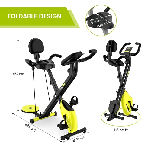 pooboo Foldable Exercise Bike Magnetic Indoor Cycling Bikes 3 in 1 Stationary Bikes Indoor Fitness Bicycles with Resistance Bands and Twist Board