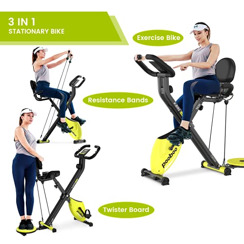 pooboo Foldable Exercise Bike Magnetic Indoor Cycling Bikes 3 in 1 Stationary Bikes Indoor Fitness Bicycles with Resistance Bands and Twist Board