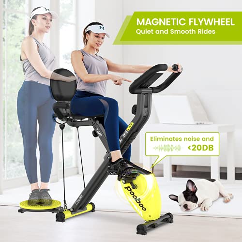 pooboo Foldable Exercise Bike Magnetic Indoor Cycling Bikes 3 in 1 Stationary Bikes Indoor Fitness Bicycles with Resistance Bands and Twist Board