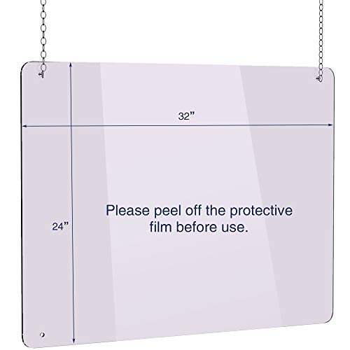 Hanging (24" x 32") Portable Acrylic Plexiglass Sneeze Guard Shield for Counter Barrier from Sneezing Cashier Protection, Multiple Sizes Available