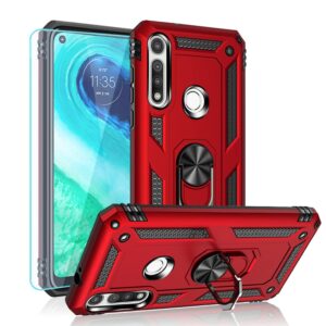 yzok compatible with moto g fast case,with hd screen protector,[military grade] ring car mount kickstand hybrid hard pc soft tpu shockproof protective case for motorola moto g fast (red)