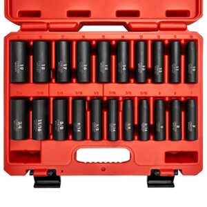 neiko 02431a 3/8” drive sae and metric deep impact socket set | 21 pieces | sae 5/16” to 3/4” | metric 7mm to 19mm | premium cr-v steel | 6-point hex design | corrosion resistant coating