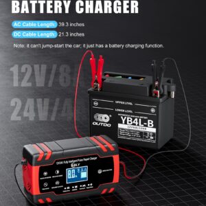 ABLY Battery Charger 8-Amp - 12V and 24V Automotive Trickle Charger for Car Battery, Fully-Automatic Temperature Compensation, Battery Maintainer for Car Truck Motorcycle Lawn Mower Boat Marine