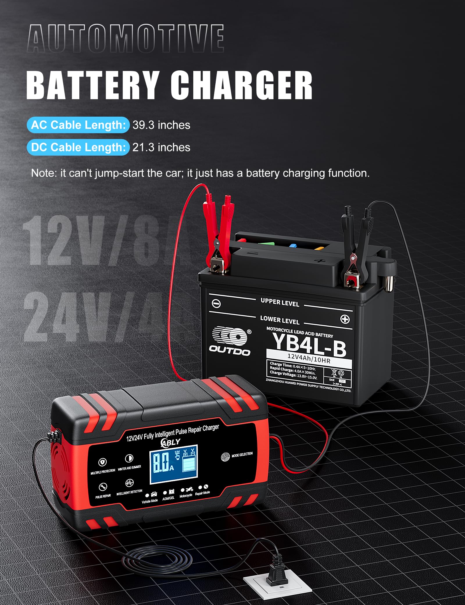 ABLY Battery Charger 8-Amp - 12V and 24V Automotive Trickle Charger for Car Battery, Fully-Automatic Temperature Compensation, Battery Maintainer for Car Truck Motorcycle Lawn Mower Boat Marine