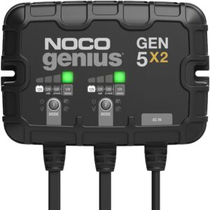 noco genius gen5x2, 2-bank, 10a (5a/bank) smart marine battery charger, 12v waterproof onboard boat charger, battery maintainer and desulfator for agm, lithium (lifepo4) and deep-cycle batteries