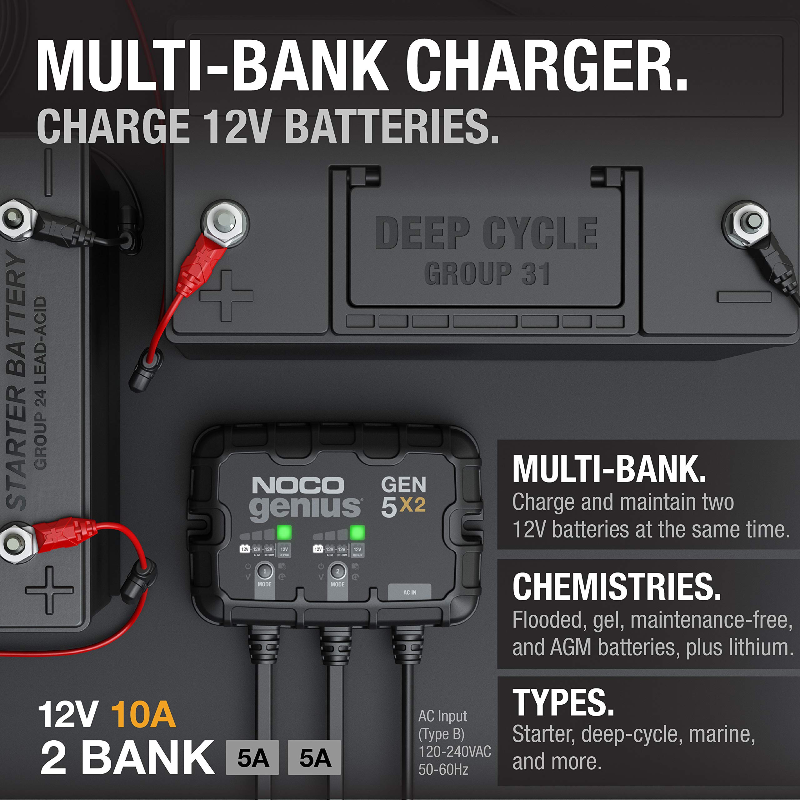 NOCO Genius GEN5X2, 2-Bank, 10A (5A/Bank) Smart Marine Battery Charger, 12V Waterproof Onboard Boat Charger, Battery Maintainer and Desulfator for AGM, Lithium (LiFePO4) and Deep-Cycle Batteries