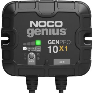 noco genius genpro10x1, 1-bank, 10a (10a/bank) smart marine battery charger, 12v waterproof onboard boat charger, battery maintainer and desulfator for agm, lithium (lifepo4) and deep-cycle batteries