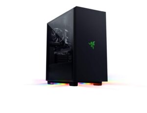 razer tomahawk atx mid-tower gaming case: dual-sided tempered glass swivel doors, ventilated top panel, chroma rgb underglow lighting, built-in cable management, classic black