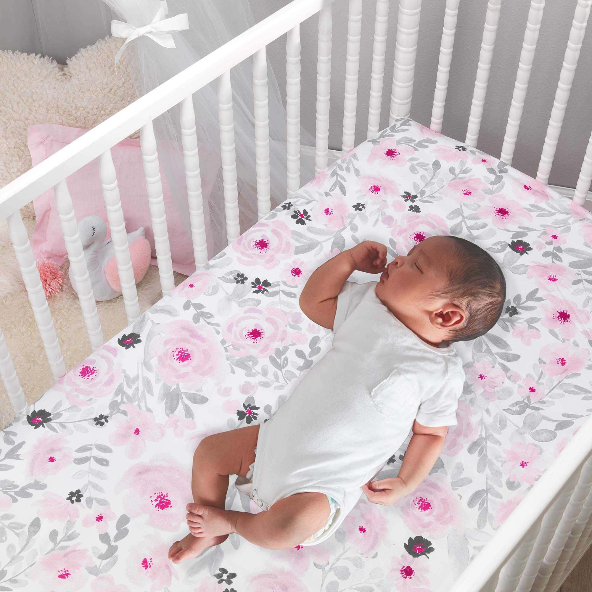 Bedtime Originals Blossom Fitted Mini Crib Sheet - Pink, Gray, White, Floral