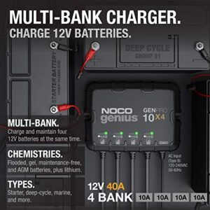 NOCO Genius GENPRO10X4, 4-Bank, 40A (10A/Bank) Smart Marine Battery Charger, 12V Waterproof Onboard Boat Charger, Battery Maintainer and Desulfator for AGM, Lithium (LiFePO4) and Deep-Cycle Batteries