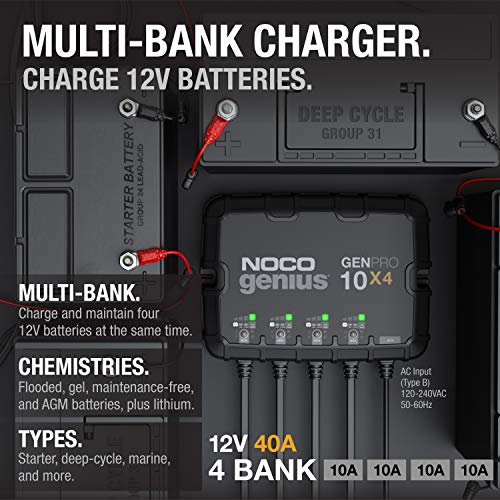 NOCO Genius GENPRO10X4, 4-Bank, 40A (10A/Bank) Smart Marine Battery Charger, 12V Waterproof Onboard Boat Charger, Battery Maintainer and Desulfator for AGM, Lithium (LiFePO4) and Deep-Cycle Batteries