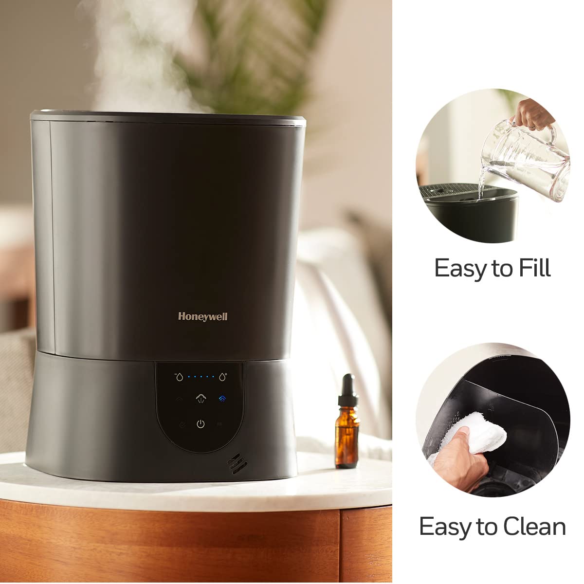 Honeywell Easy-to-Care Filter Free Warm Mist Humidifier, Medium Rooms, 1.5 Gallon Tank – Humidistat for Bedroom, Home or Office Black