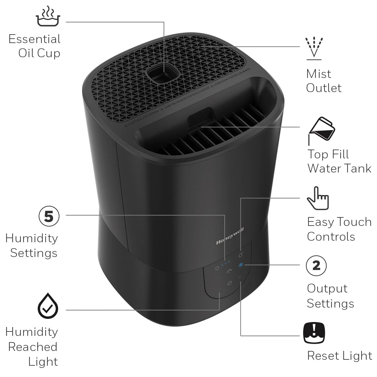 Honeywell Easy-to-Care Filter Free Warm Mist Humidifier, Medium Rooms, 1.5 Gallon Tank – Humidistat for Bedroom, Home or Office Black