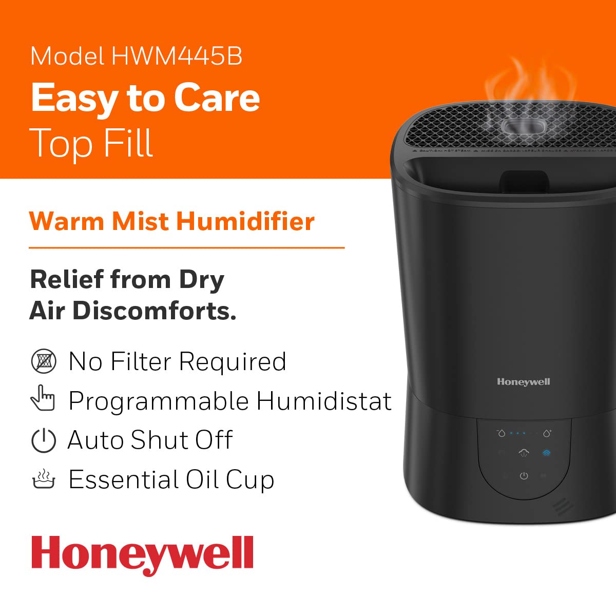 Honeywell Easy-to-Care Filter Free Warm Mist Humidifier, Medium Rooms, 1.5 Gallon Tank – Humidistat for Bedroom, Home or Office Black