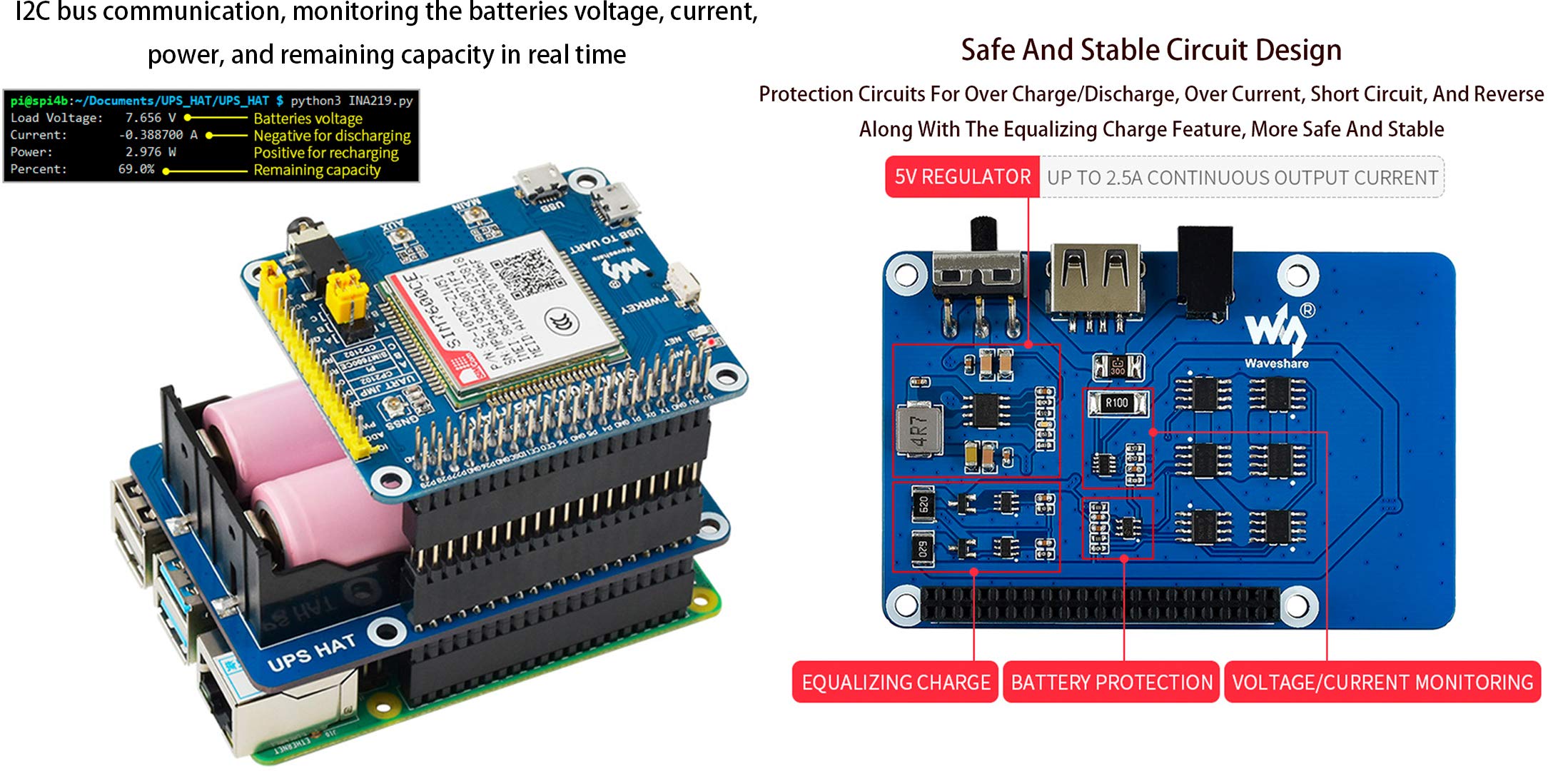 Uninterruptible Power Supply UPS HAT for Raspberry Pi Series Boards(Raspberry Pi 4 Model B/3B+/3B) Charge and Power Output at The Same Time,Multi Battery Protection Circuits