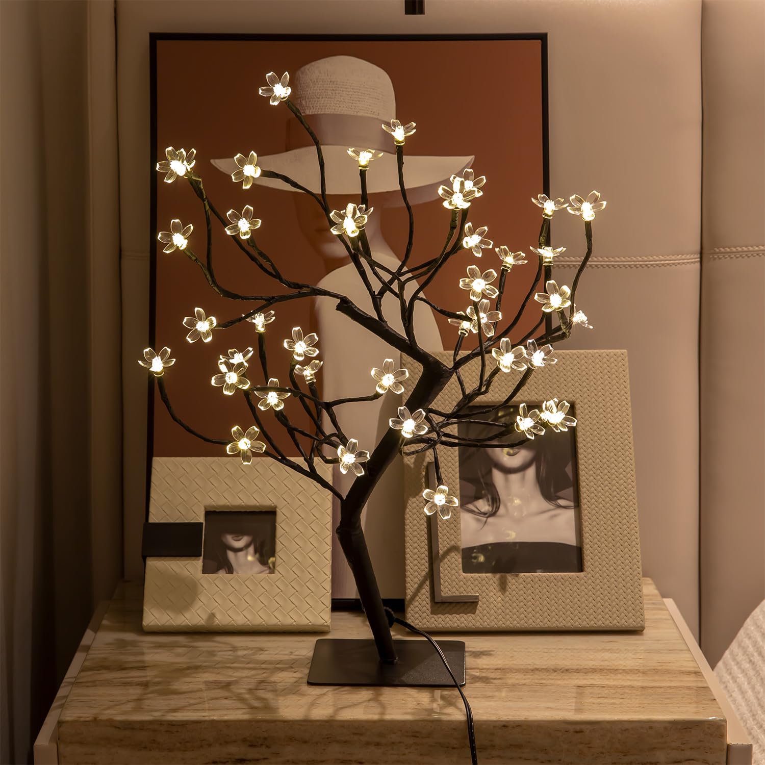 Tybeeu 20 Inch Cherry Blossom Bonsai Tree, 40 LED Warm White Lights, with 24V UL Listed Adapter and Metal Base, Ideal as Night Lights, Standard Version