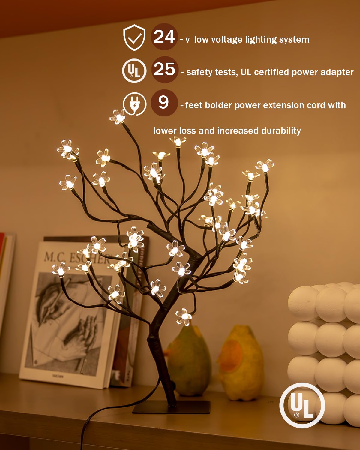 Tybeeu 20 Inch Cherry Blossom Bonsai Tree, 40 LED Warm White Lights, with 24V UL Listed Adapter and Metal Base, Ideal as Night Lights, Standard Version