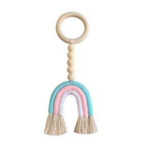 zoonai wood beads garland with tassel rainbow wall décor handmade weaving ornament home decoration accessories hanging pendant for bedroom nursery baby kids room (blue pink white)