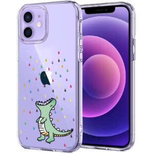 unov case compatible with iphone 12 mini case clear with design slim protective soft tpu bumper embossed pattern 5.4 inch (rainbow dinosaur)
