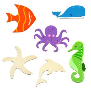 willbond unfinished wood cutouts ocean animals wooden paint crafts for kids home decor ornament diy craft art project, octopus, shark, whale, dolphin, seahorse, fish shape (28 pieces)