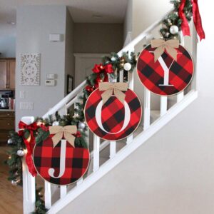 christmas joy wreath for front door - rustic wooden buffalo plaid xmas wreath, 14inch large sign for indoor home window wall farmhouse party decor