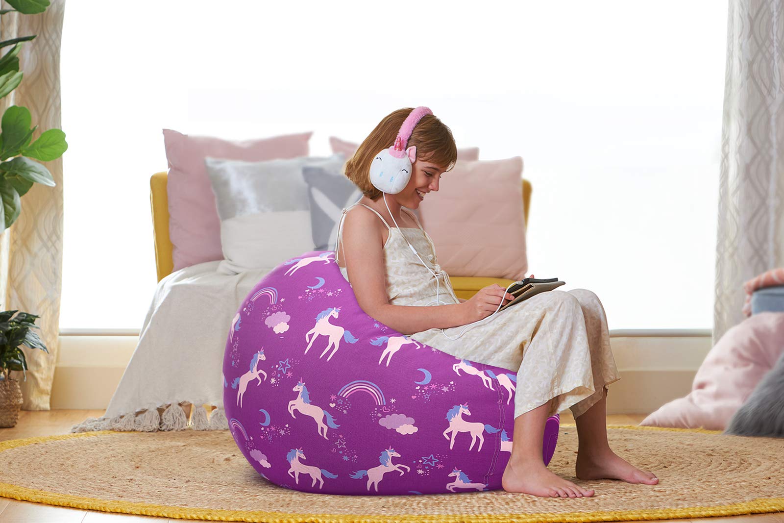 Aubliss Stuffed Animal Bean Bag Storage Chair (Purple Unicorn, Medium (32''))