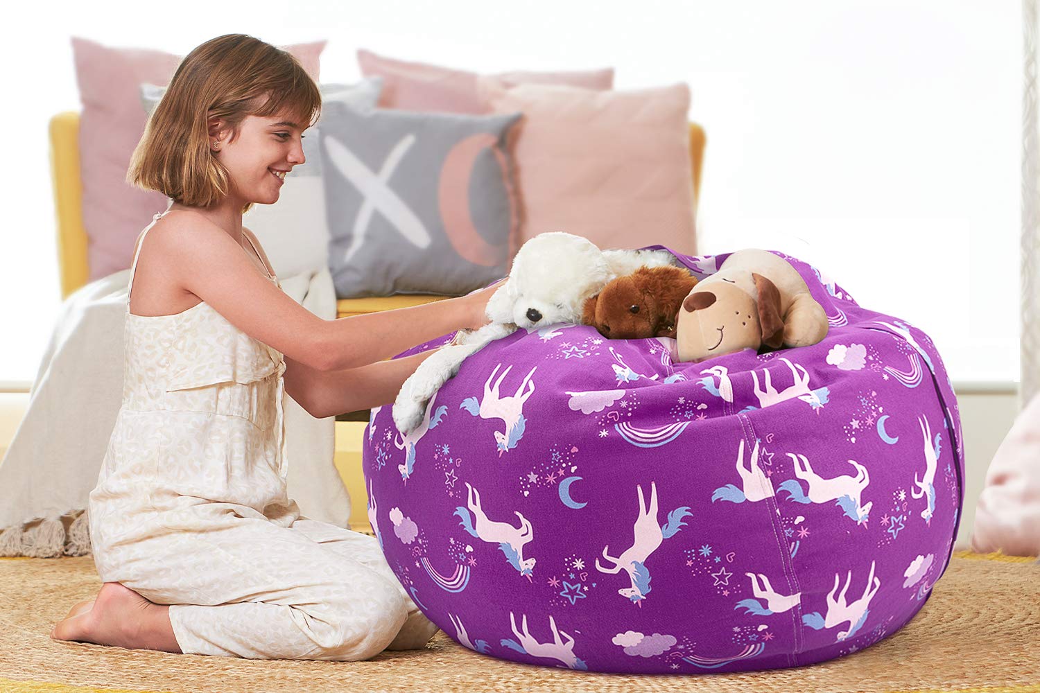 Aubliss Stuffed Animal Bean Bag Storage Chair (Purple Unicorn, Medium (32''))