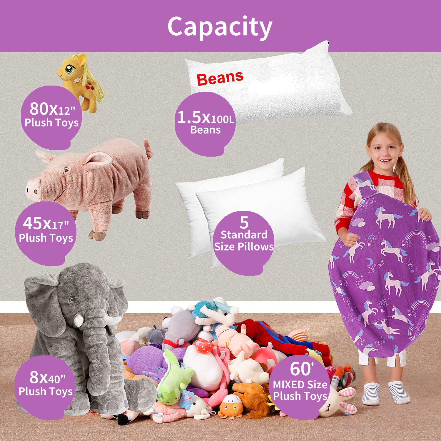 Aubliss Stuffed Animal Bean Bag Storage Chair (Purple Unicorn, Medium (32''))