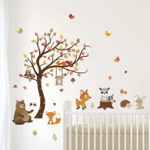 decalmile forest animals tree wall decal fox deer fall leaves wall stickers baby nursery kids bedroom classroom wall decor (h: 31 inches）