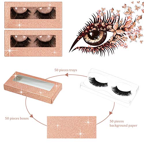 50 Sets Empty Eyelash Case Set, Include 50 Empty Eyelash Box Lash Box Packaging Eyelash Storage Box, 50 Eyelash Box Tray False Eyelash Storage Box Tray, 50 Internal Background Paper (Champagne Gold)