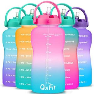 QuiFit Motivational Gallon Water Bottle - with Straw & Time Marker BPA Free 128/64 oz Large Water Jug Leak-Proof Durable for Fitness Outdoor Enthusiasts(Pink/Blue, 64 oz)