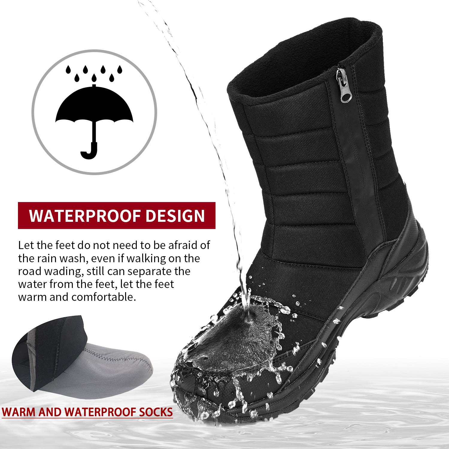 SILENTCARE Mens Winter Mid-Calf Snow Boot Fur Warm Waterproof Slip On Outdoor Athletic