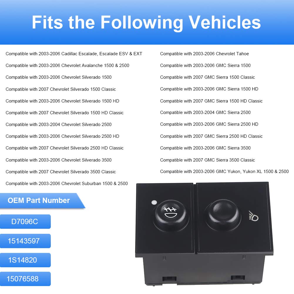 WMPHE Fog Light Switch Compatible with 2003-2006 Chevy Silverado 1500 2500 Avalanche Suburban Tahoe 2003-2006 GMC Sierra 1500 2500 Yukon Cadillac Escalade ESV EXT Replacement for D7096C 15143597