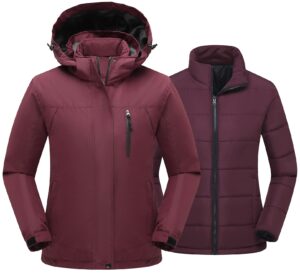 ptsoc women's 3 in 1 waterproof ski jacket warm winter snow coat windproof hooded snowboarding raincoat wine red x-large