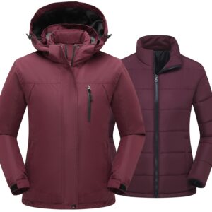 PTSOC Women's 3 in 1 Waterproof Ski Jacket Warm Winter Snow Coat Windproof Hooded Snowboarding Raincoat Wine Red X-Large