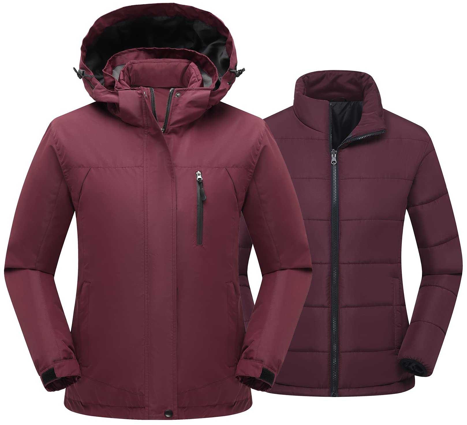 PTSOC Women's 3 in 1 Waterproof Ski Jacket Warm Winter Snow Coat Windproof Hooded Snowboarding Raincoat Wine Red X-Large