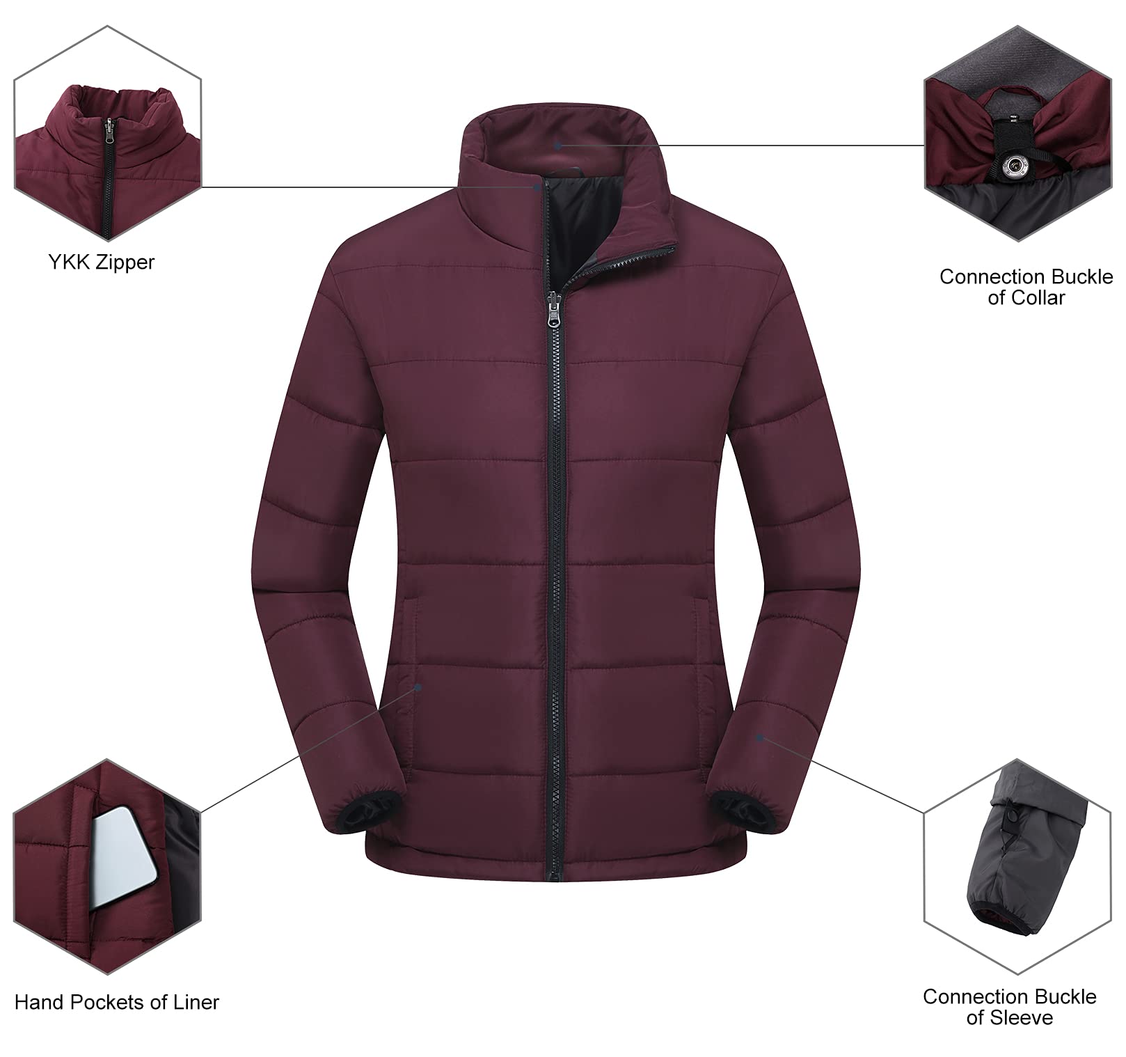 PTSOC Women's 3 in 1 Waterproof Ski Jacket Warm Winter Snow Coat Windproof Hooded Snowboarding Raincoat Wine Red X-Large