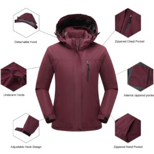 PTSOC Women's 3 in 1 Waterproof Ski Jacket Warm Winter Snow Coat Windproof Hooded Snowboarding Raincoat Wine Red X-Large