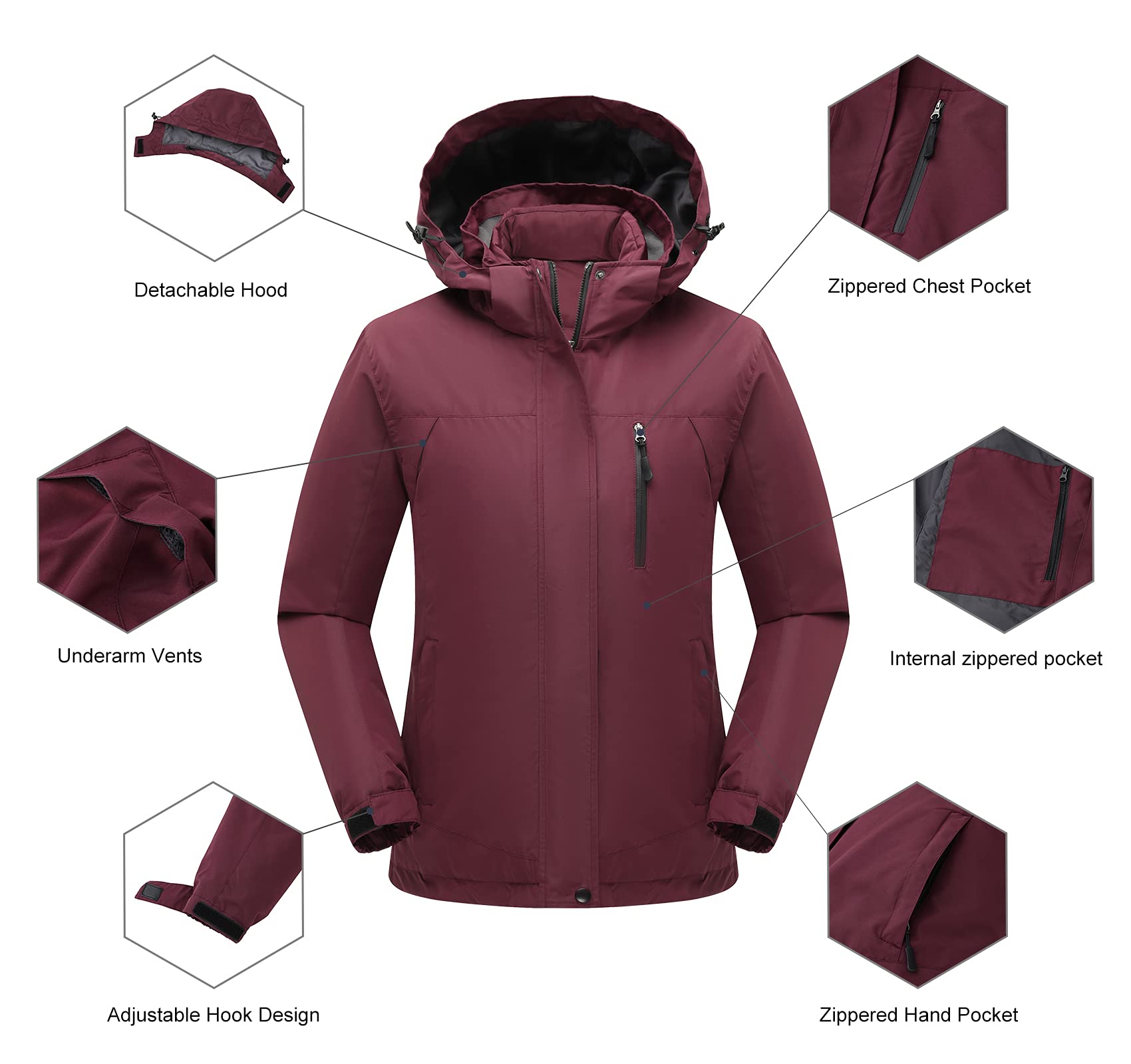 PTSOC Women's 3 in 1 Waterproof Ski Jacket Warm Winter Snow Coat Windproof Hooded Snowboarding Raincoat Wine Red X-Large