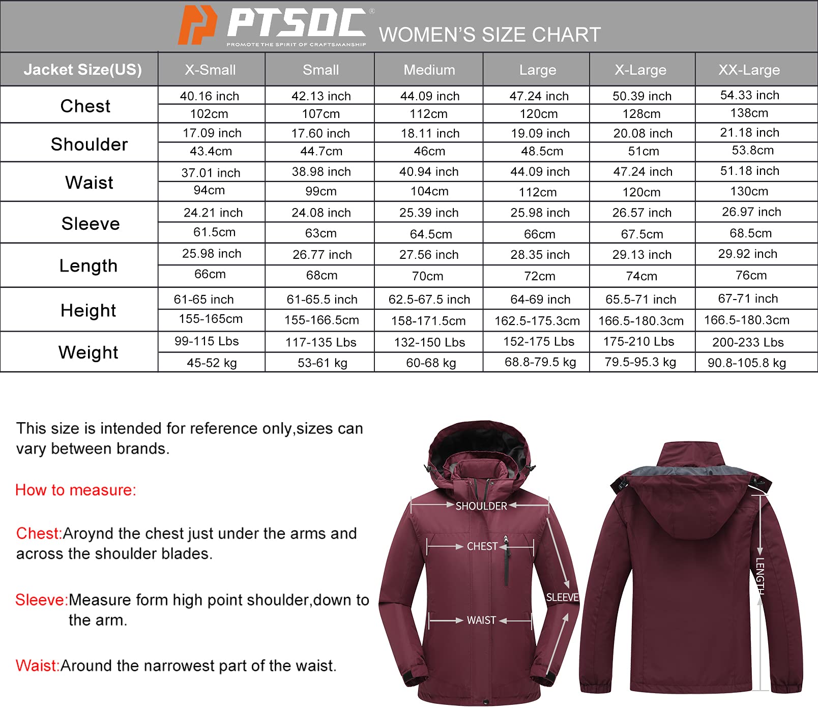 PTSOC Women's 3 in 1 Waterproof Ski Jacket Warm Winter Snow Coat Windproof Hooded Snowboarding Raincoat Wine Red X-Large