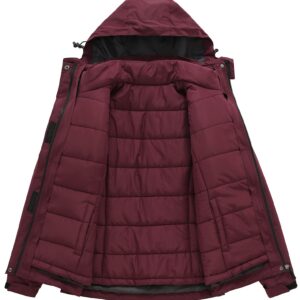 PTSOC Women's 3 in 1 Waterproof Ski Jacket Warm Winter Snow Coat Windproof Hooded Snowboarding Raincoat Wine Red X-Large