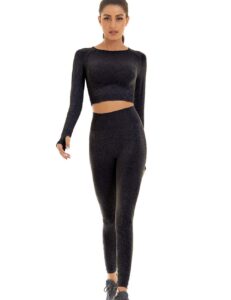 toplook women seamless workout outfits athletic set leggings + long sleeve top 2 pieces(black, medium)