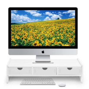 monitor stand riser, computer laptop riser shelf with 3 organizer drawers (white, 19.5"l x 7.5"w x 4.7"h) (white)