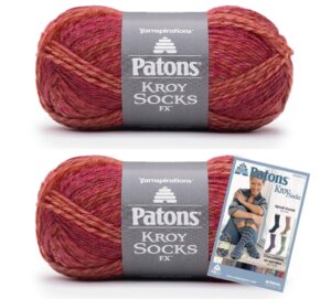 patons kroy socks fx yarn, 2-pack, geranium colors plus pattern