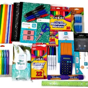 Essential School Supplies Bundle 4th Thru 7th Grades with Pencil Sharpeners, Erasers, Glue Sticks, Wet Wipes, Folders, Crayons, Highlighters, Ruler, Scissors and Notebooks (33 Items)