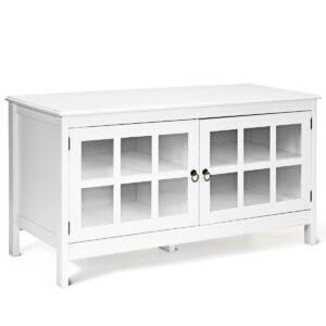 white 50" tv stand unit entertainment media console cabinet 2 glass doors 4 storage shelves 5 support legs home office living room bedroom family room furniture interior décor sturdy durable
