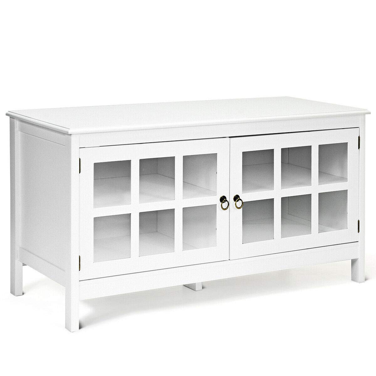 White 50" TV Stand Unit Entertainment Media Console Cabinet 2 Glass Doors 4 Storage Shelves 5 Support Legs Home Office Living Room Bedroom Family Room Furniture Interior Décor Sturdy Durable