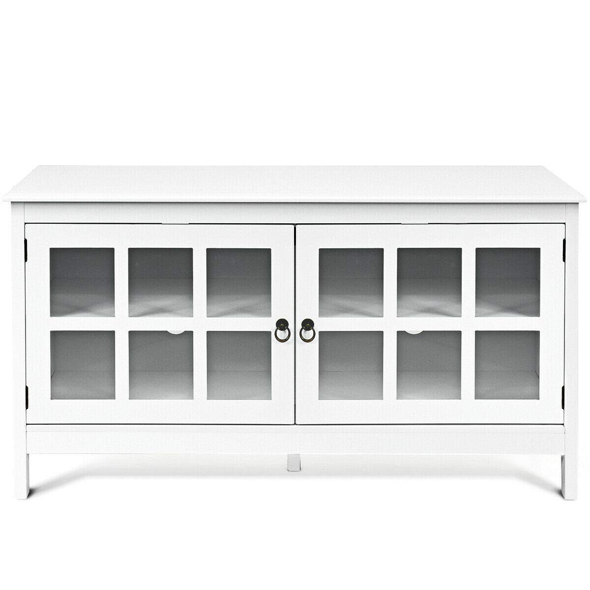 White 50" TV Stand Unit Entertainment Media Console Cabinet 2 Glass Doors 4 Storage Shelves 5 Support Legs Home Office Living Room Bedroom Family Room Furniture Interior Décor Sturdy Durable